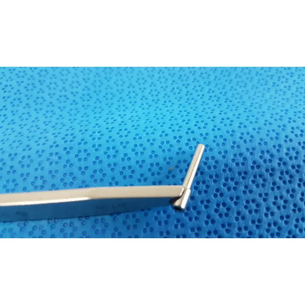Silver-colored metal surgical orthopedic 312.18 drill depth gauge with pivoting arms and curved tip for drill depth measurement