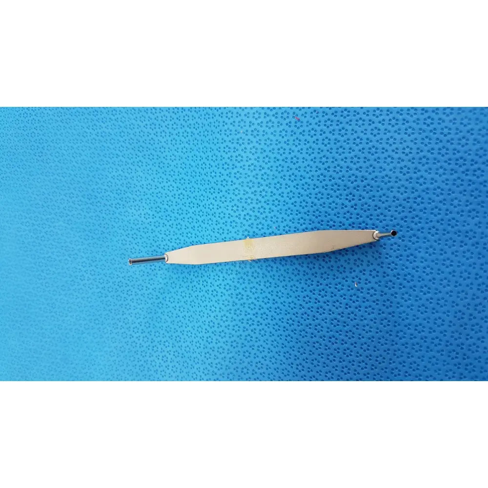 Light beige wooden drill depth gauge with metal tips and pivoting arms for precise surgical orthopedic measurements