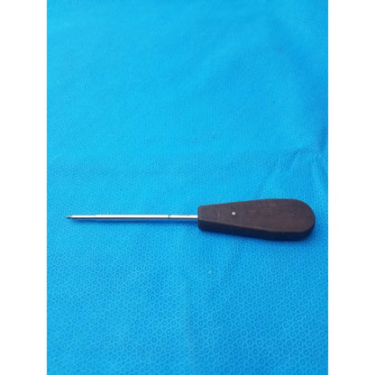 Dark brown wooden-handled hex screwdriver stainless steel surgical instrument with slender metallic shaft for precise use