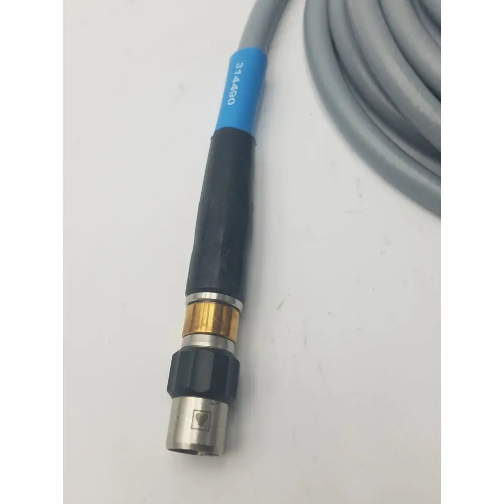 Gray and black high-pressure fiber optic light guide cable hose with blue label marked 314490 near the connector
