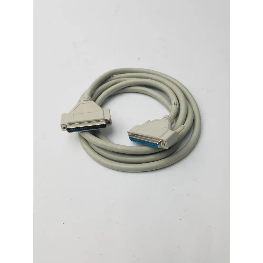 Gray coiled 36-pin centronics to 25-pin db25 lpt cord printer cable with beige connectors and blue contacts