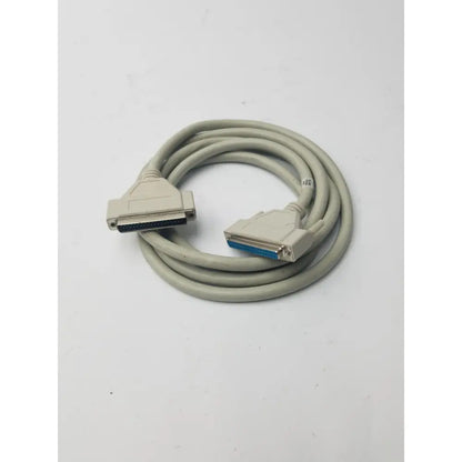Gray coiled 36-pin centronics to 25-pin db25 lpt cord printer cable with beige connectors and blue contacts