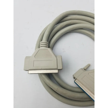 Gray coiled 36-pin centronics to 25-pin db25 lpt cord printer cable with beige connectors and metallic contacts