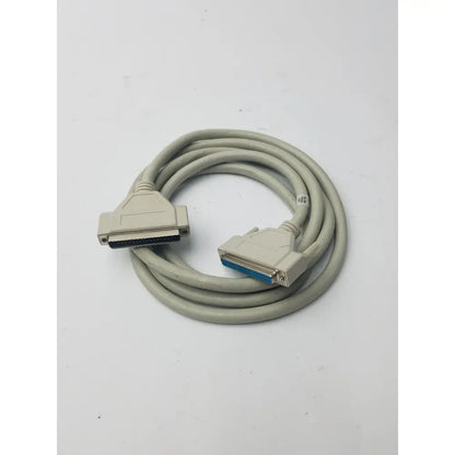 Gray coiled 36-pin Centronics to 25-pin db25 lpt cord printer cable with beige connectors and blue internal contacts