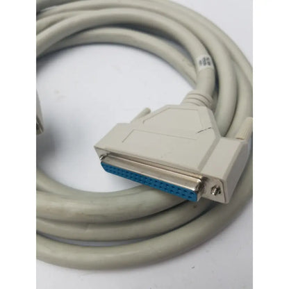 Beige coiled 36-pin centronics to 25-pin db25 lpt cord printer cable with blue connector and metallic contacts