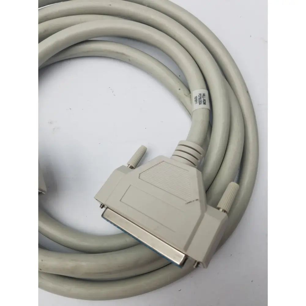 Beige coiled printer cable with metallic connector and ridged housing 36-pin centronics to db25 lpt cord lpt cord printer cable