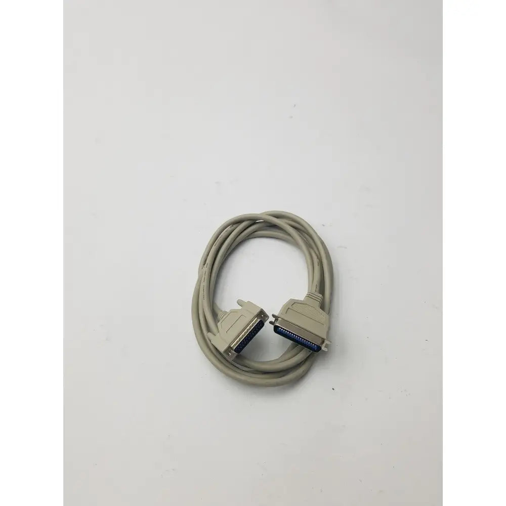 Beige coiled 36-pin male to 25-pin male parallel printer cable with blue contact connectors for printer connection