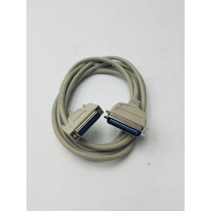 Beige 36-pin male to 25-pin male parallel printer cable with metallic connectors and blue internal contacts