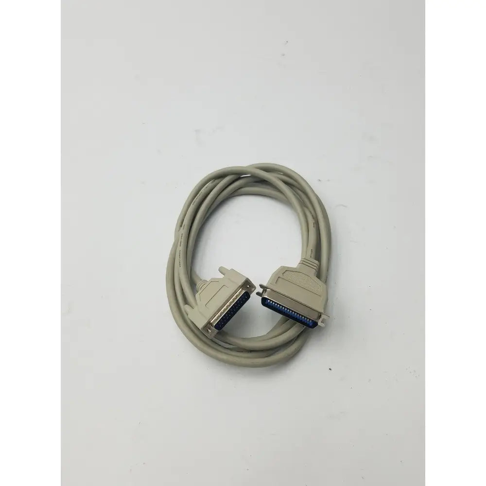 Beige coiled 36-pin male to 25-pin male parallel printer cable with metallic connectors and blue internal contacts for printers