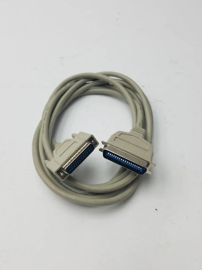 Beige 36-pin male to 25-pin male parallel printer cable with metallic connectors and blue internal contacts