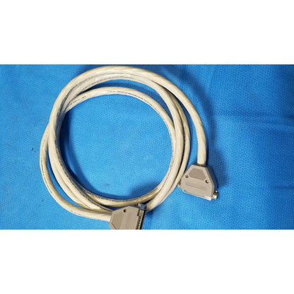 Beige coiled 37 male pin to 37 female pin connector data cable with metallic d-sub female pin connectors