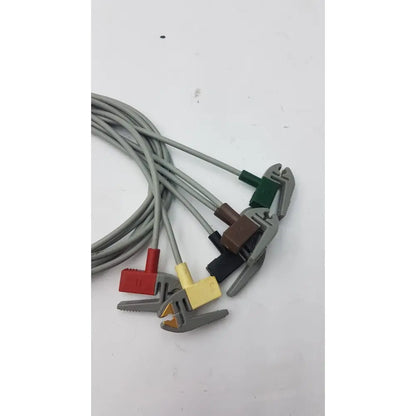 Set of five gray compatible ecg telemetry cables with colorful red yellow green and brown plastic grabber clamps