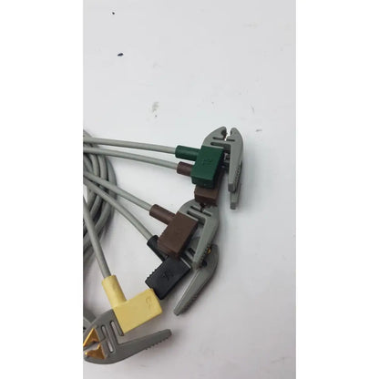 Gray and green insulated plastic cables with connectors for ge compatible ecg telemetry 5 lead grabbers 394111-011