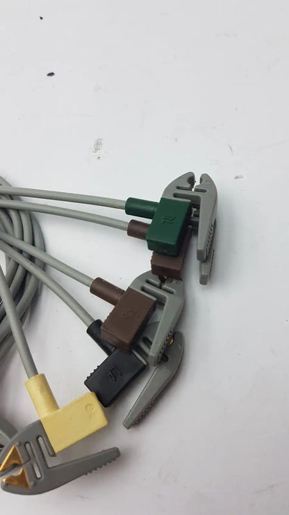 Gray and green insulated plastic cables with connectors for ge compatible ecg telemetry 5 lead grabbers 394111-011