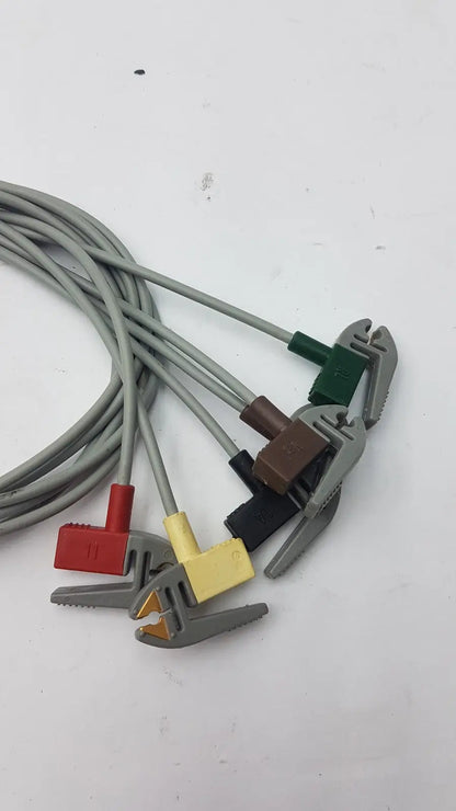 Set of five gray compatible ecg telemetry cables with colorful red yellow green and brown plastic grabber clamps