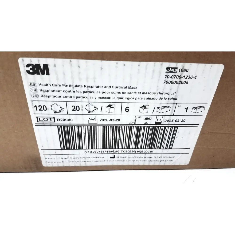 3m 1860 particulate respirator and surgical mask packaging label with multilingual text and reuse medical specs