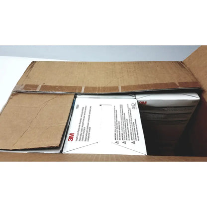 White cardboard box of 3m 1860 particulate respirator and surgical mask with black and red text for reuse medical use