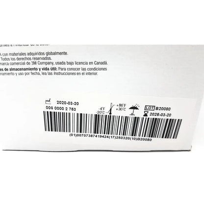 White cardboard packaging label with black text and barcode on the back of 3m 1860 particulate respiirator surgical mask box for reuse medical use