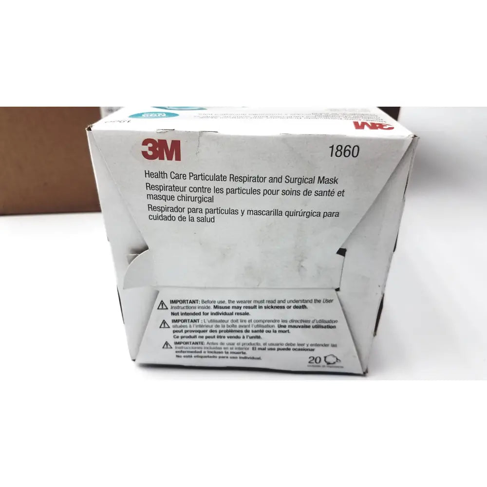 White cardboard box for 3M 1860 particulate respirator and surgical mask designed for reuse medical protection