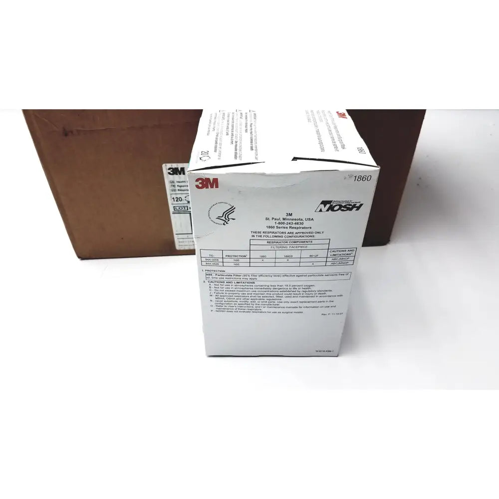 White cardboard box labeled 3m and nosh containing 3m 1860 particulate respirator and surgical mask for reuse medical use