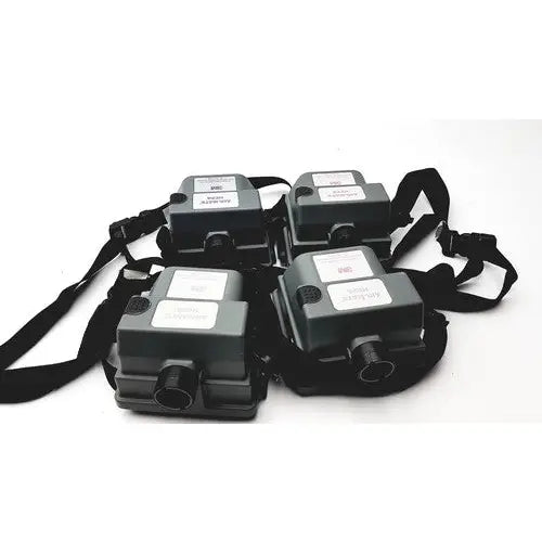 Black plastic 3m 520-03-63 air-mate hepa filter unit with white labels and adjustable filter unit battery straps