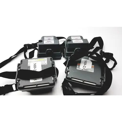 Black md240 devices with adjustable straps attached to 3m 520-03-63 air-mate hepa filter unit battery pack