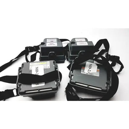 Black md240 devices with adjustable straps attached to 3m 520-03-63 air-mate hepa filter unit battery pack