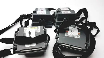 Black md240 devices with adjustable straps attached to 3m 520-03-63 air-mate hepa filter unit battery pack