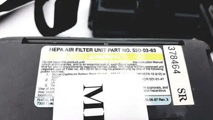 Black plastic 3m 520-03-63 air-mate hepa filter unit with white label and barcode filter unit battery