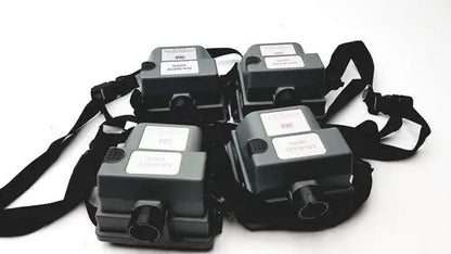 Black plastic 3m 520-03-63 air-mate hepa filter unit with white labels and adjustable filter unit battery straps