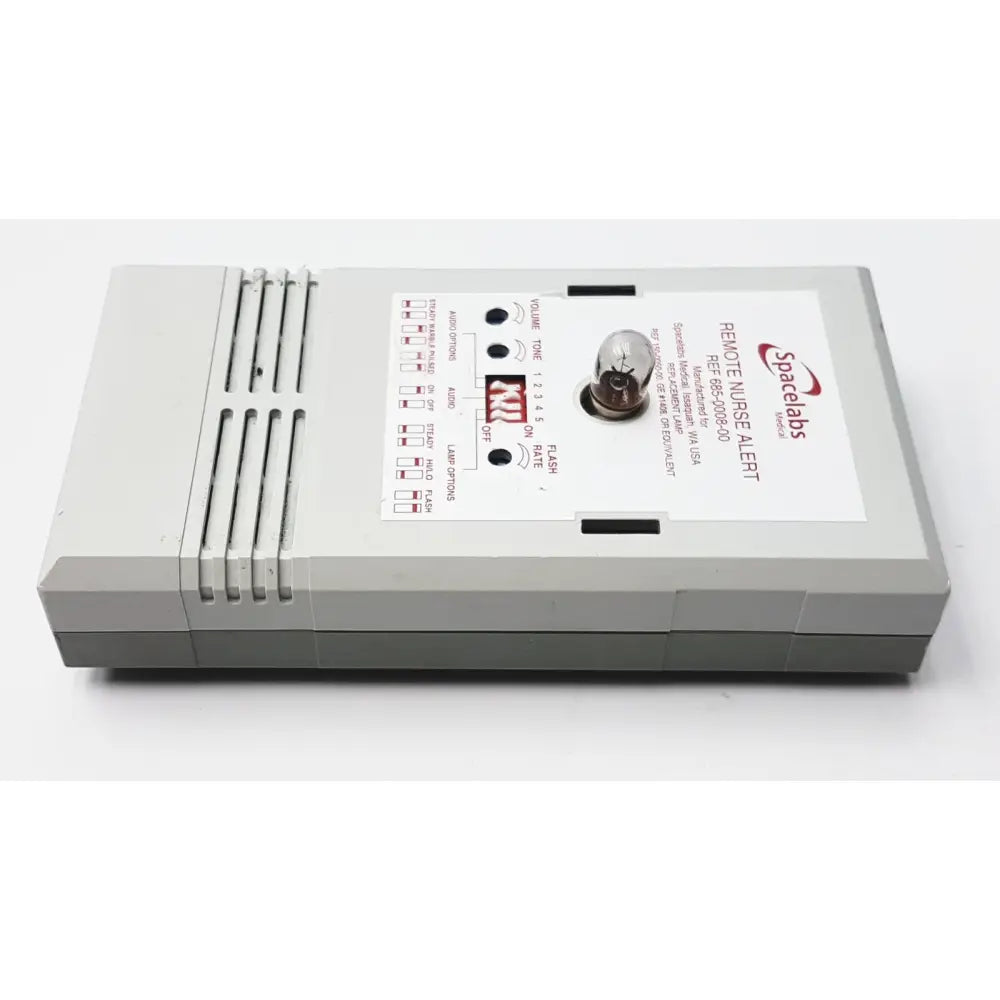 Gray plastic remote nurse alert device with white label and illuminated bulb for 3m 60923 half mask respirator use