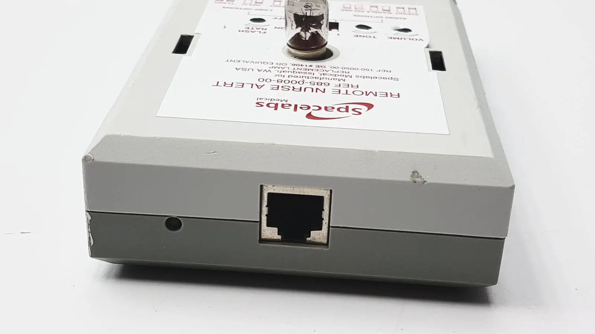 Gray rectangular remote nurse alert medical device with ethernet port shown on back, associated with 3m 60923 half mask respirator