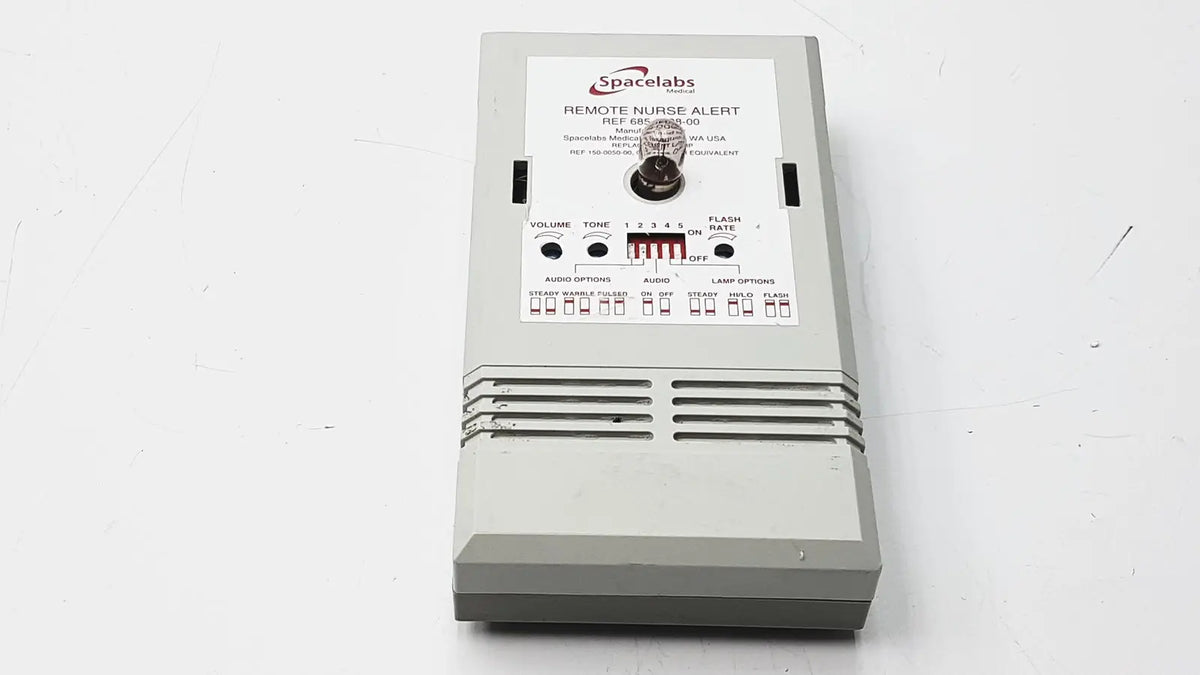 Gray spacelabs remote nurse alert device with labeled volume and tone controls for use with 3m 60923 half mask respirator