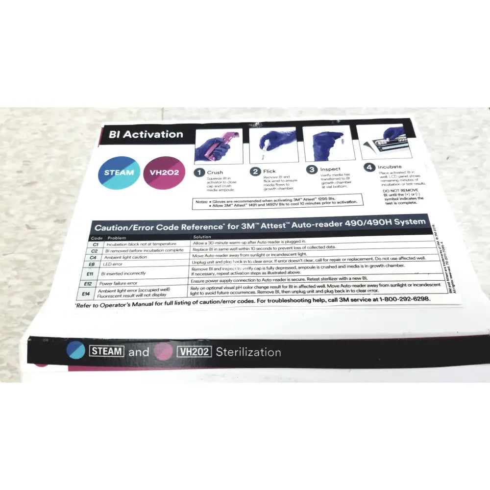 Instruction manual for 3m attest auto-reader 490h vh202 sterilization incubator featuring black text and blue logos