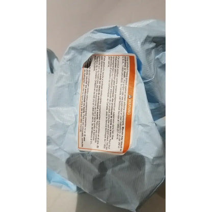 Blue plastic bag with orange warning label containing 3M BE-12LB blue respirator headcover for PAPR systems