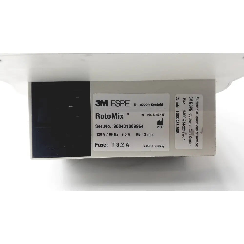 White 3m espe rotomix laboratory mixer with black label showing specifications and serial number for reuse medical applications