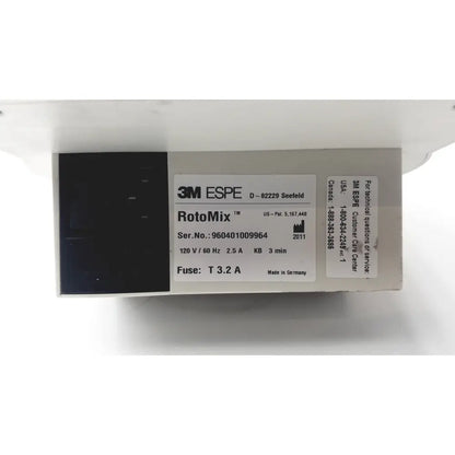 White 3m espe rotomix laboratory mixer with black label showing specifications and serial number for reuse medical applications