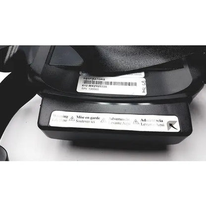 Black plastic respirator mask with barcode and multilingual warnings for papr versaflo blower mx2169225 product