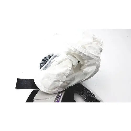 White protective shoe cover with black elastic strap and transparent plastic overlay for 3m papr versaflo blower mx2169225
