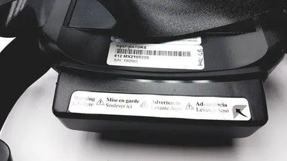 Black plastic respirator mask with barcode and multilingual warnings for papr versaflo blower mx2169225 product