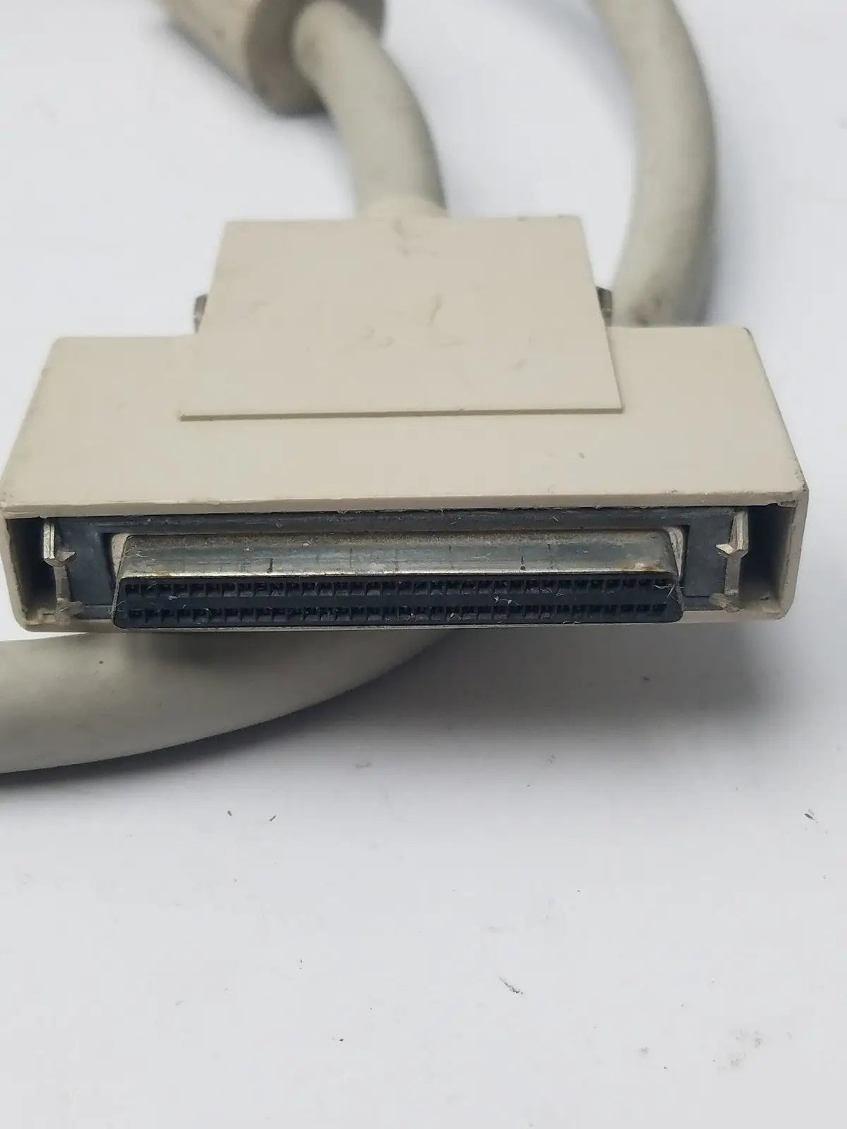 Beige rectangular 50-pin male hard drive scsi-ii cable connector with metallic contacts and plastic housing