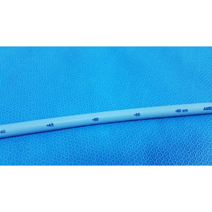 Light blue maloney tapered esophageal bougie 42FR made of tungsten-filled plastic with black measurement markings
