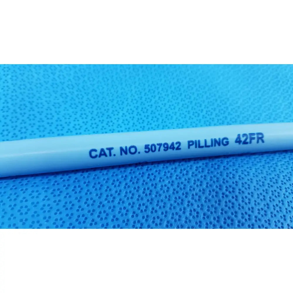 Light blue maloney tapered tungsten-filled esophageal bougie 42fr with dark blue printed text cat on plastic pipe