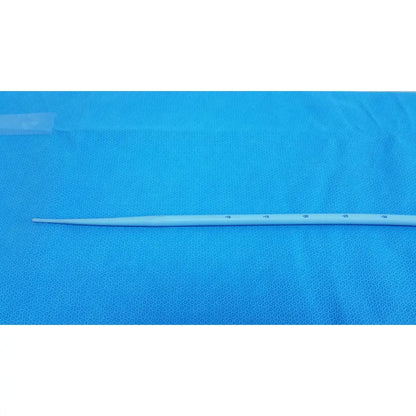 A white slender maloney tapered esophageal bougie 42fr made with tungsten-filled material and measurement markings