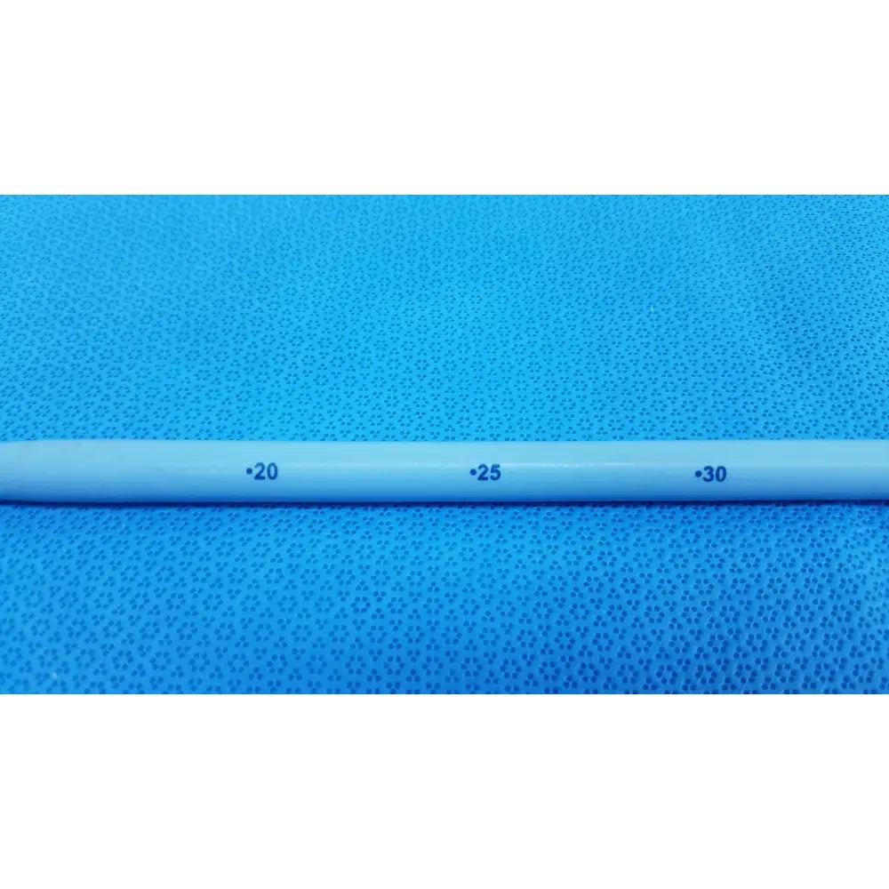 Light blue plastic maloney tapered esophageal bougie 42fr with printed measurement markings and tapered tungsten filling