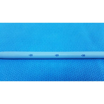Light blue plastic maloney tapered esophageal bougie 42fr with printed measurement markings and tapered tungsten filling