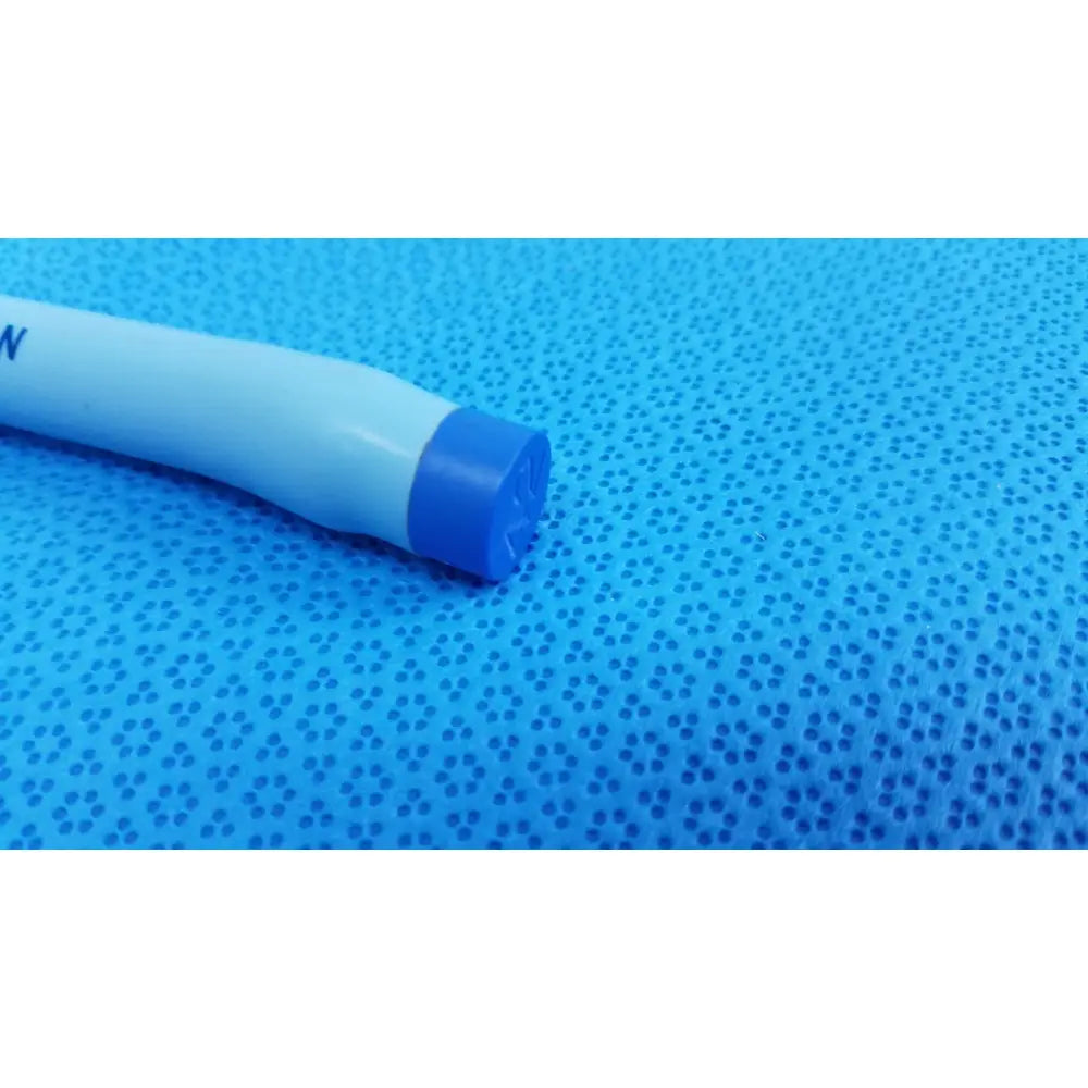 A white and blue plastic maloney tapered esophageal bougie 42fr with a textured cap for medical use