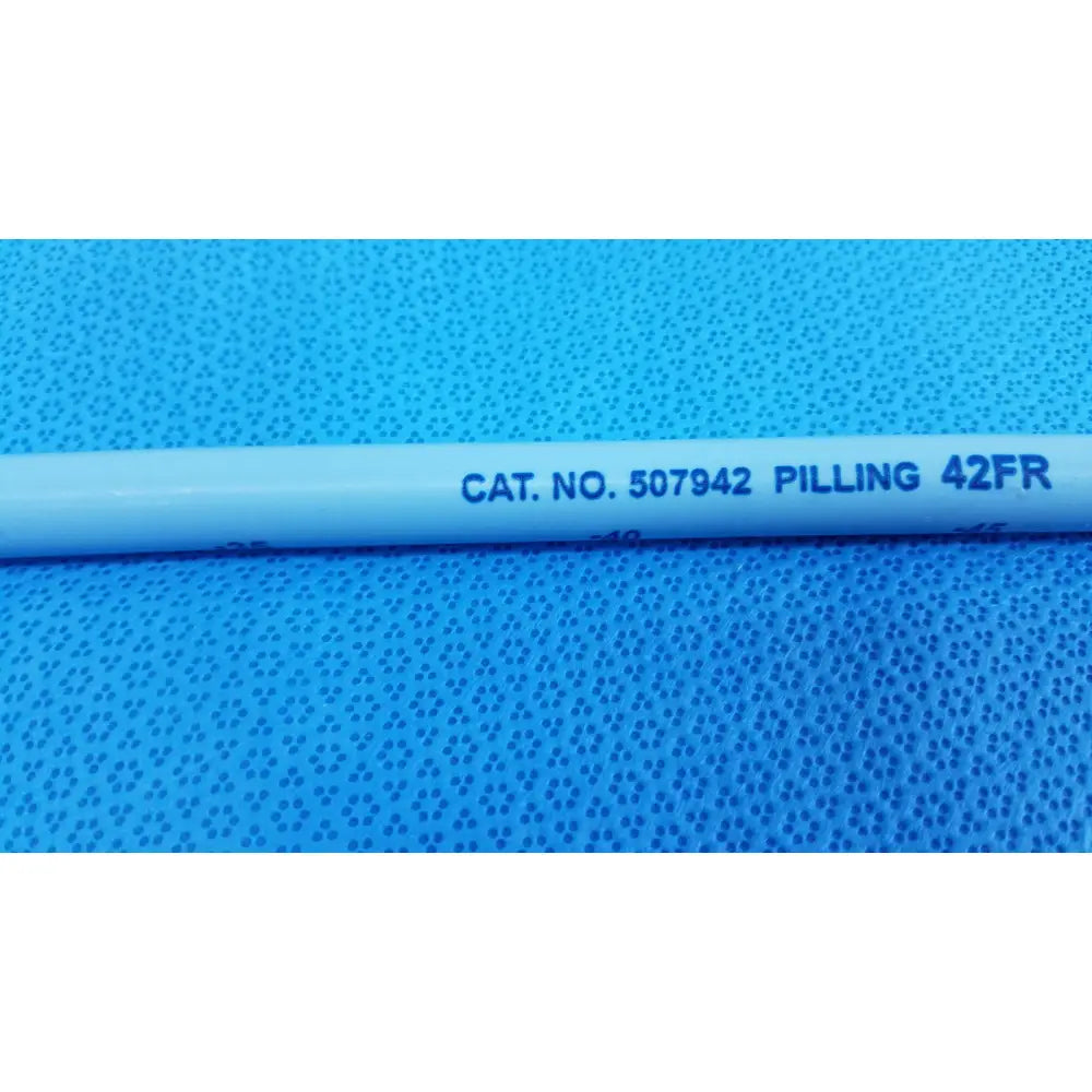 Light blue plastic maloney tapered tungsten-filled esophageal bougie 42fr with printed black text cat