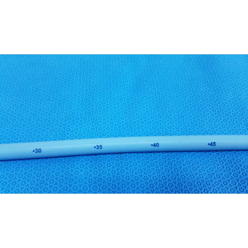 Light blue maloney tapered esophageal bougie 42fr with black measurement markings made from tungsten-filled plastic