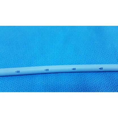 Light blue maloney tapered esophageal bougie 42fr with black measurement markings made from tungsten-filled plastic